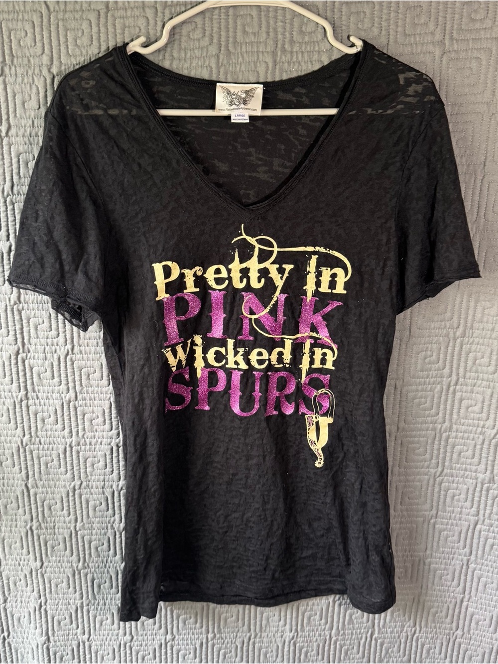 Rebel Rose Apparel Blouse Women’s Large V-Neck Black Pretty In Pink Wicked In